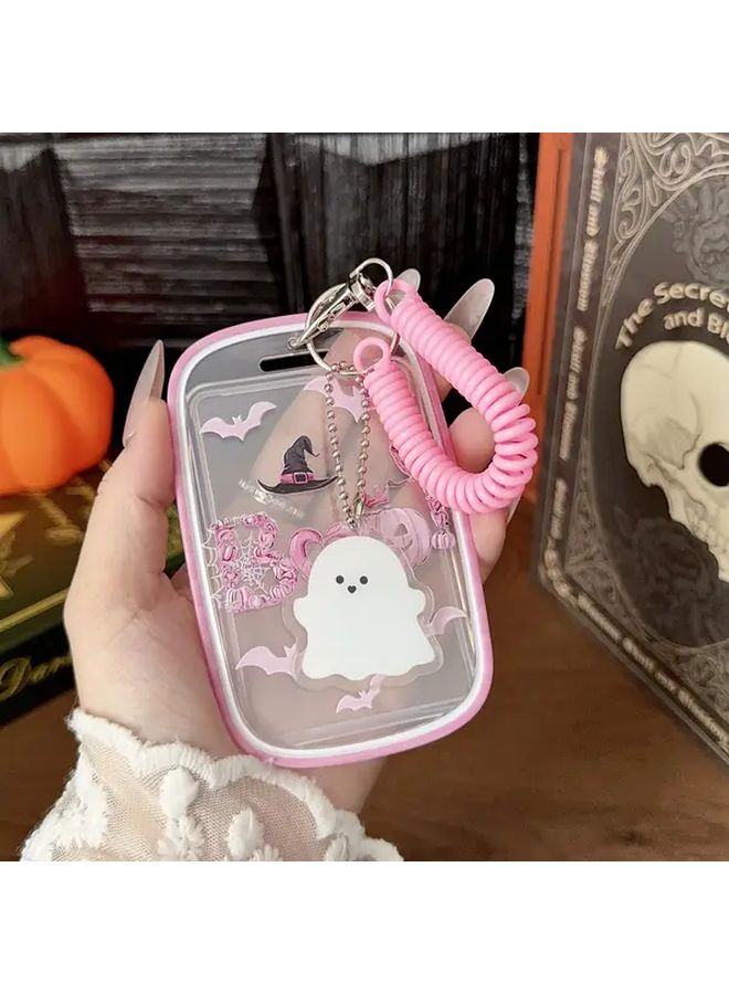 Pink Bat Pumpkin Head TPU Card Holder Keychain Slide Cover Halloween Gift - Image 2
